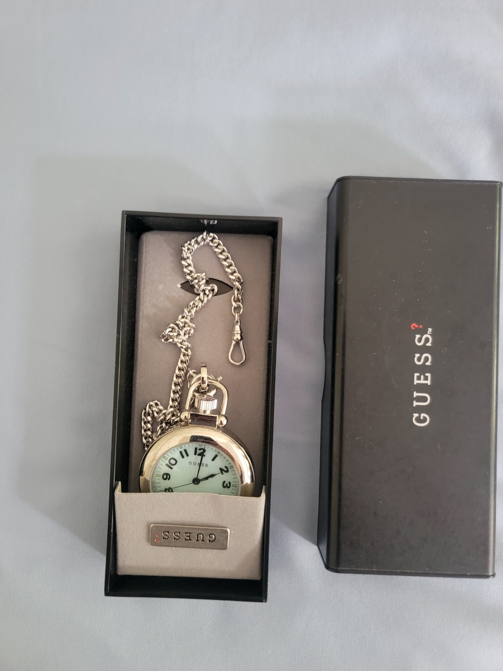 GUESS Silver Pocket Watch with Chain and Branded Box